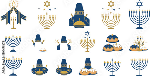 Hanukkah symbols including menorahs dreidels sufganiyot and Star of David in blue and gold