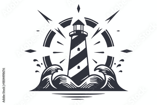 Striking lighthouse stands amidst crashing ocean waves, radiating navigational light for sailors