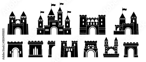Castle line icons set. Vector isolated towers and battlements, walls and entrances medieval structures. UI design and infographics in monochrome style. Maps or educational materials