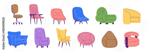 Chairs and armchairs in different styles. Vector cartoon collection of modern office seats and cozy lounge furniture, dining and simple stools. Home interior design, office layout elements