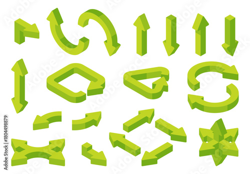 Isometric arrow symbols set. Vector isolated pointers with bends, turns and right angle curves. Indicators in various directions. Navigation and process visualization, app interfaces and infographics