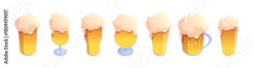 Beer from bar or pub in glasses and goblets, set of wheat or barley drink in special vessel. Vector frothy liquid poured into cup. Entertainment and relaxation. Alcoholic beverages assortment