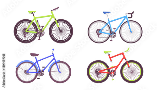 Sports bikes collection for men. Vector isolated road and mountains bicycles with chain driven drivetrain and brakes for stopping. Sportive eco transport, human powered vehicle for males