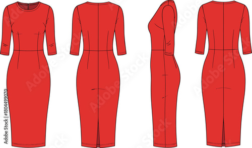 Women's pencil dress vector, technical fashion flat sketch, red bodycon mockup, front back side views, apparel design template illustration.