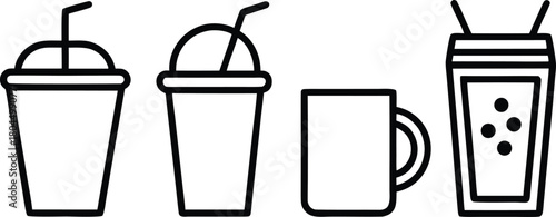 Beverage containers outline icons set with cups, mug, and glass