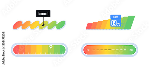 Normal speed status, speedometer graphic set. Vector scale score of rapidity, levels and meter, tachometer performance and rating. Gauge dashboard with indicator arrows, credit stage