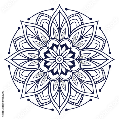 A symmetrical floral mandala with intricate details and a calming, meditative quality, isolated on the design features stylized petals and leaves arranged in a circular pattern