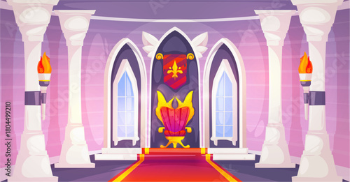 Castle room hall in cartoon style. Vector throne hallway with glowing torches and marble columns, red carpet and ornate royal decorations. Fantasy animations and royalty themed artwork