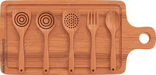 Wooden Cutting Board Vector with Engraved Kitchen Utensils Set, Featuring Spoons, Fork, and Slotted Spatula, Ideal for Cooking, Culinary, and Home Decor Designs