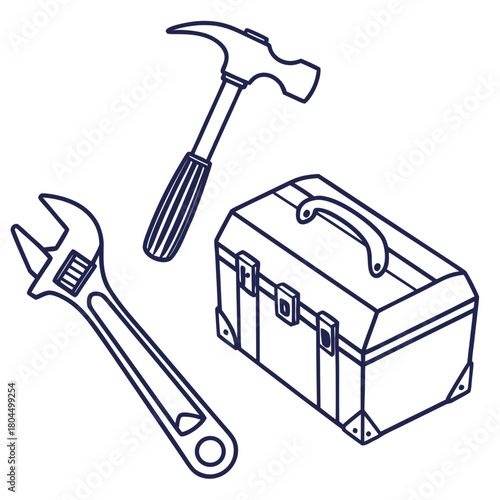 Hand tools set isolated on collection of repair and construction equipment vector illustration of hammer, wrench, and toolbox in doodle style for home improvement and maintenance