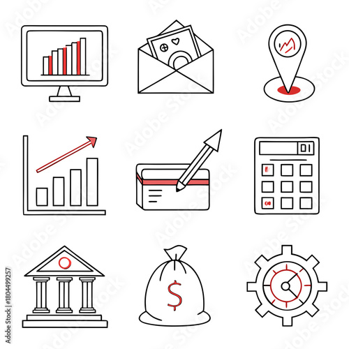 Financial icons set isolated on collection of business and investment symbols vector illustration of money, banking, and accounting elements in doodle style for web design and infographics