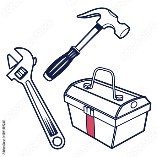 Hand tools set isolated on collection of repair and construction equipment vector illustration of hammer, wrench, and toolbox in doodle style for home improvement and maintenance