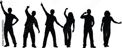 Dancing people silhouette set, party crowd celebrating with hands up, disco club fun, black vector illustration collection isolated.