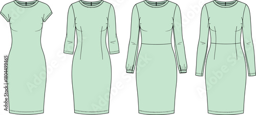 Women's dress vector set, technical fashion illustration, sleeve variations, clothing design template, mint green bodycon flat sketch, front view collection.