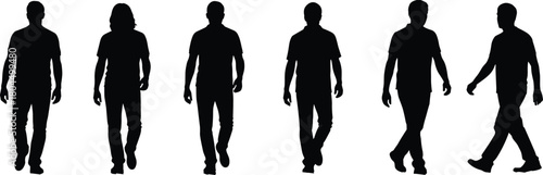 Walking man silhouette set, casual male figures moving forward, black vector illustration collection, isolated front view people.