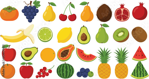 Large Collection of Fresh Fruit and Berries Vector Icons, Including Tropical, Citrus, and Common Varieties, Perfect for Healthy Eating, Diet, and Market Designs