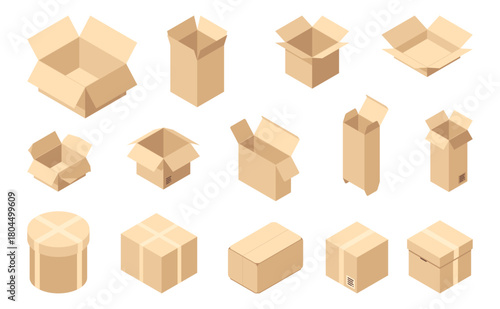 Open and closed cardboard boxes set, isolated isometric carton containers with lids. Vector parcels with tapes and packaging template for delivery and distribution company. Courier express moving
