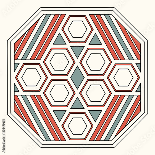 Geometric pattern with hexagons, triangles, and stripes in red, gray, and white, creating an eyecatching and modern design, isolated on perfect for backgrounds, textiles, and creative projects