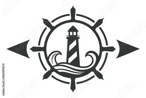 Striped lighthouse emerges from stylized waves, enclosed in a black nautical helm with arrow points
