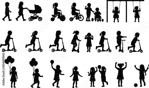 Silhouette set of kids playing, children riding scooter and bike, playground swing activity, black vector illustration collection, isolated on white.