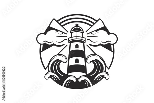 Striped lighthouse emits light through clouds and waves in a black and white sea setting