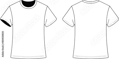 T-shirt sketch, short sleeves, crew neck, black collar detail, fashion cad drawing, vector apparel illustration, cad drawing flat vector illustration