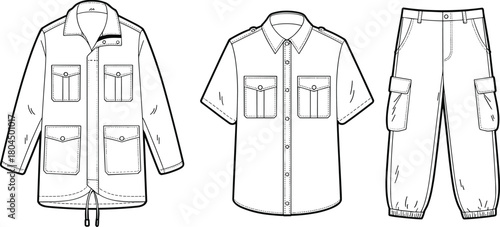 Utility jacket, cargo pants, short-sleeve shirt, fashion flat sketch, technical drawing, apparel design, vector illustration, garment CAD