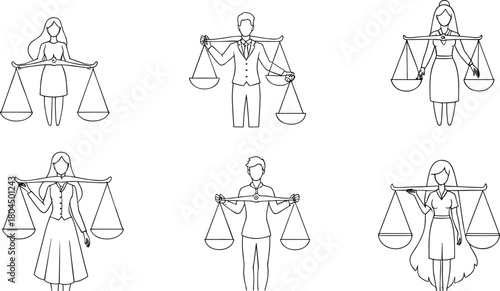 Six stylized line art figures of men and women holding scales of justice balance