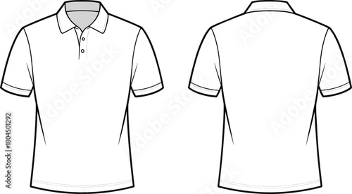 White polo shirt front back view, short sleeve collar placket design, fashion flat 