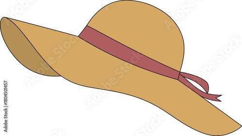 Wide-brimmed sun hat, tan color, red ribbon, summer accessory, fashion illustration, vector drawing, white background, beachwear, stylish design