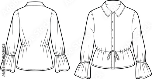 Women’s blouse fashion flat sketch, technical garment drawing, vector illustration with collar, button front, long sleeve, cuff, waist tie design