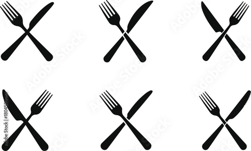 Set of minimalist black fork and knife crossed restaurant silhouette icon