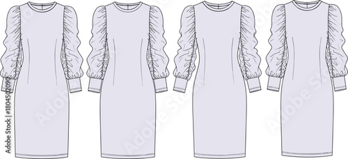 Women's dress vector, technical fashion illustration, puff sleeve design, fitted silhouette, round neck, flat sketch template, apparel mockup, clothing set.