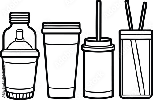 Outline illustration of various beverage containers and straws