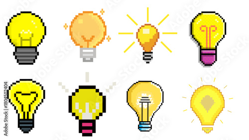 Vibrant pixel art light bulb icons collection, symbolizing brilliant ideas, creative inspiration, and groundbreaking innovation. A perfect graphic resource for technology and concept designs