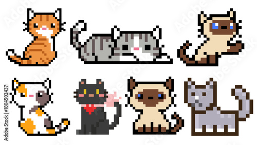 Pixelated Felines Charming Collection of Pixel Art Cats with Varied Patterns
