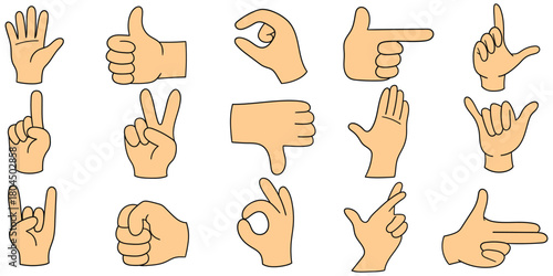 Hand-drawn cartoon set of hand gestures on a white background.