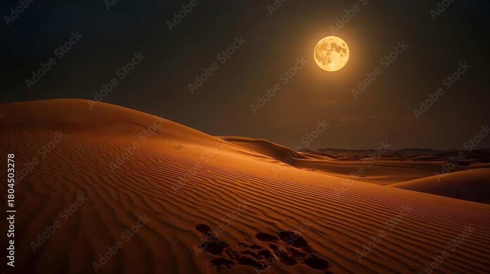 Naklejka premium Moonlit desert dunes casting long silver shadows at night