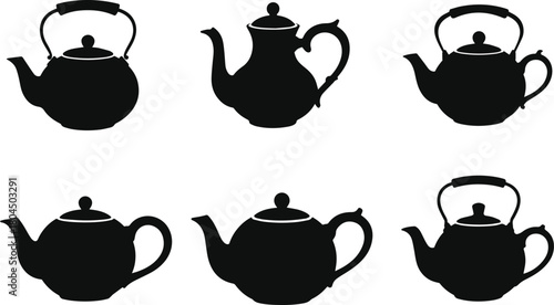 Set of inimalist black classic teapot kitchenware silhouette vector icon