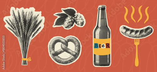 Oktoberfest halftone set with beer bottle, pretzel, sausage, hops, and wheat. Retro cut out elements for festive posters, bar menus, brewery design, and German beer celebration projects.