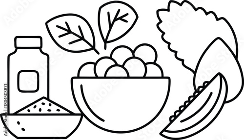 Healthy food ingredients illustration including greens, fruit, and dressing.