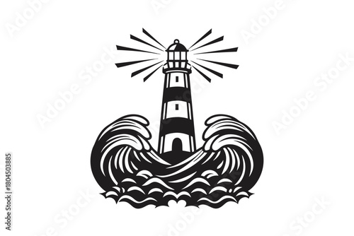 Striped lighthouse emits light amid crashing waves and ocean in monochrome style