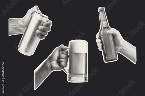 Halftone collage of hands holding beer can, bottle, and mug. Retro cut out photocopy style. Perfect for bar posters, brewery ads, Oktoberfest, party design, and vintage drink projects.
