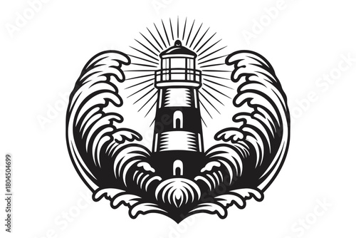 The lighthouse silhouette stands boldly as powerful waves circle it with strong sea sun rays
