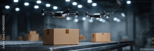 Autonomous drones delivering packages in industrial warehouse setting