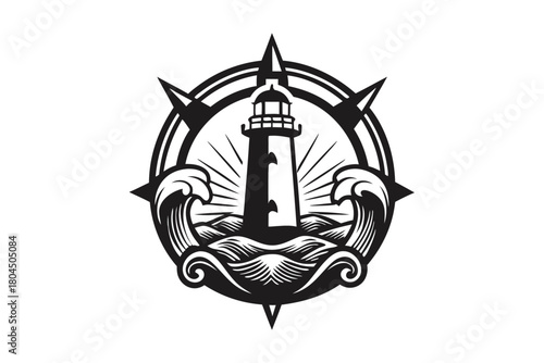 The monochromatic beacon stands tall amidst the undulating waves within the nautical compass rose