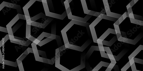 Black abstract background with glowing geometric lines. Dynamic turquoise neon hexagonal lines form a striking geometric pattern on a black background. Hexagonal grid technology pattern. vector .