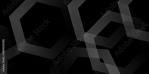 Black abstract background with glowing geometric lines. Dynamic turquoise neon hexagonal lines form a striking geometric pattern on a black background. Hexagonal grid technology pattern. vector .