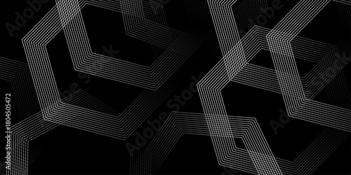 Black abstract background with glowing geometric lines. Dynamic turquoise neon hexagonal lines form a striking geometric pattern on a black background. Hexagonal grid technology pattern. vector .