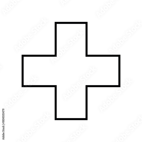 A simple black outline of a plus sign on a white background with equal length arms and a clear shape